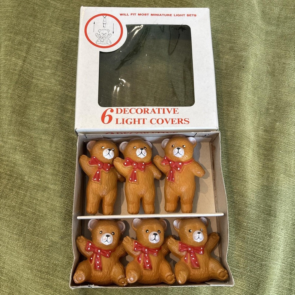 6 Vintage Cute Teddy Bear Red Bow Light Strand Covers Blow Mold Retro Tree Decor - Picture 3 of 8